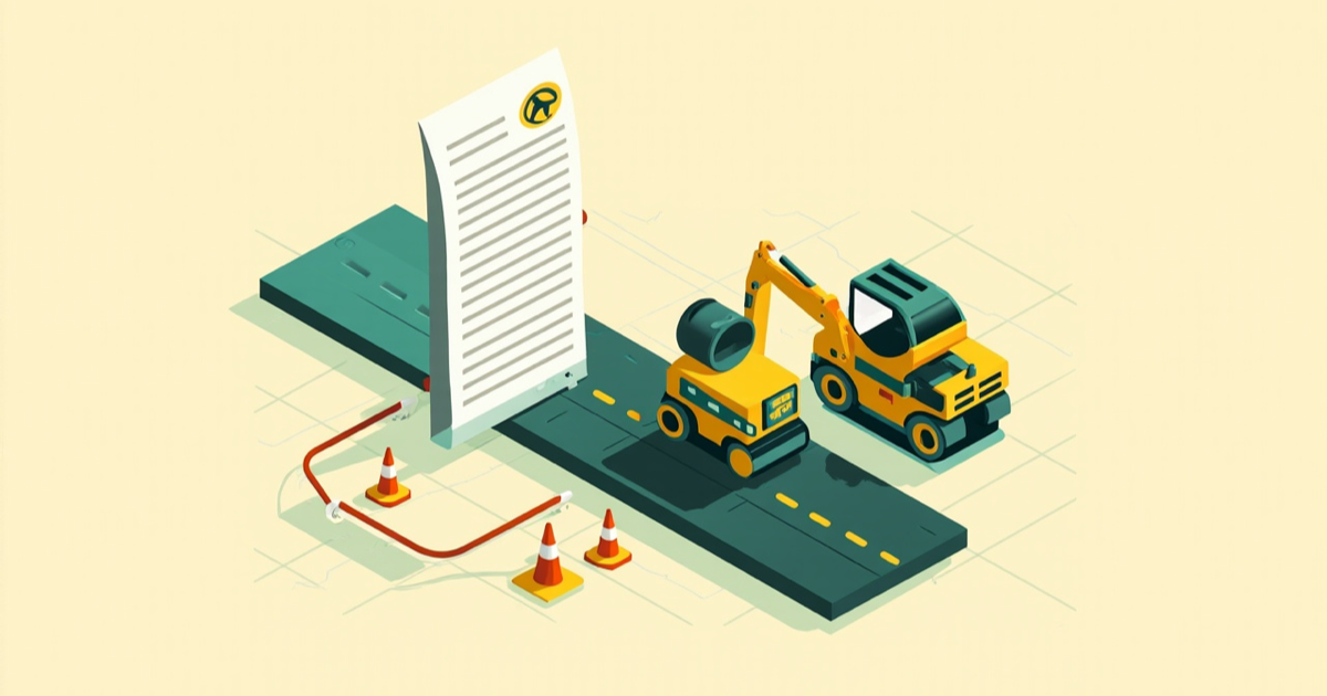 Road construction equipment beside a state DOT contract award and project mobilization timeline.