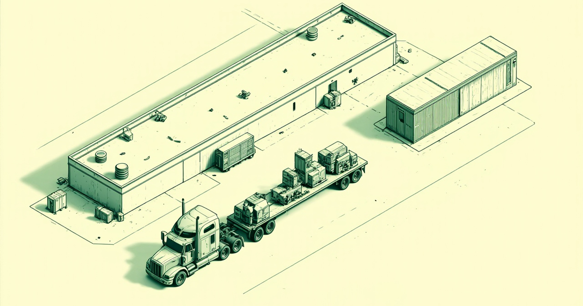 Isometric line drawing of a semi truck hauling crated industrial machines past a long data center building with rooftop cooling units and backup generators.