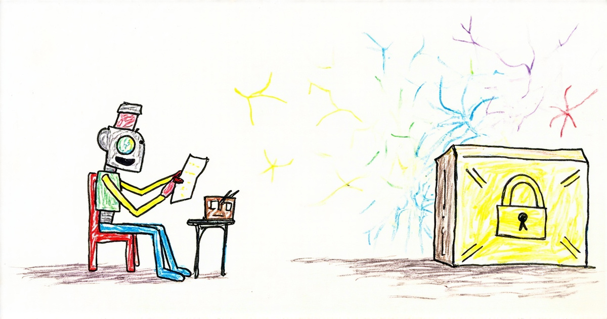 Crayon drawing of a stick-figure robot sitting at a small table reading one sheet of paper, with a big locked yellow box in the corner.