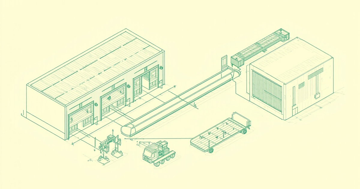 An isometric schematic of two connected industrial buildings joined by an enclosed conveyor bridge, with a gantry crane loading equipment onto a flatbed truck between them.