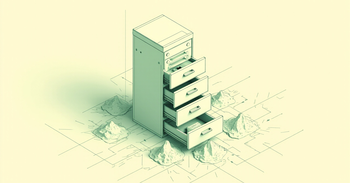 Isometric deep-green line schematic of a tall filing cabinet with four drawers pulled open in a cascade, on a gridded blueprint floor dotted with small paper mounds