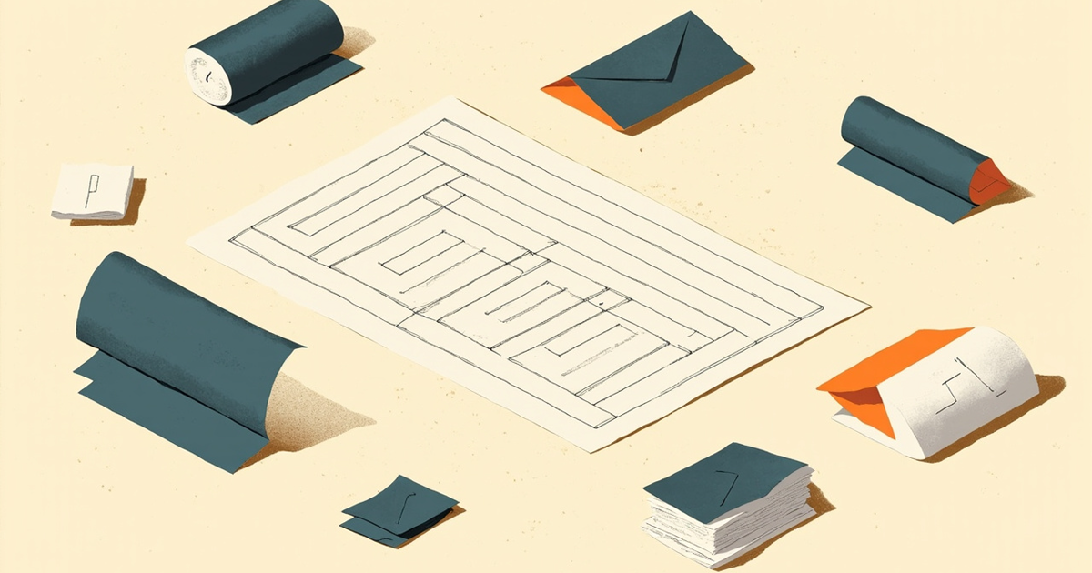 A paper grid is surrounded by rolled instruction sheets, envelopes and stacked documents.