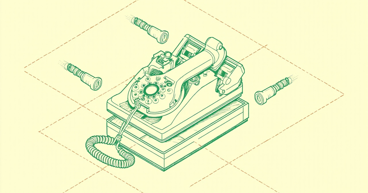 An isometric vintage rotary telephone handset and cradle with three coiled cables branching out to separate plain cable junctions.