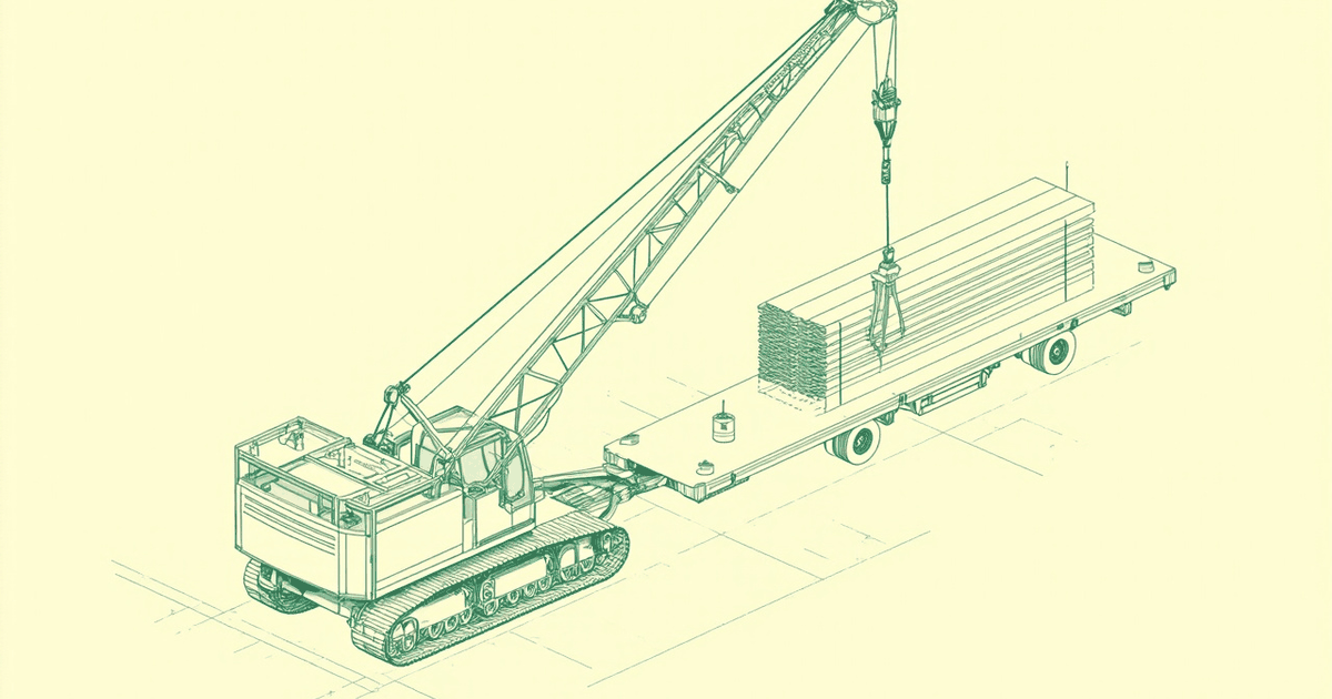 Isometric line drawing of a crawler crane lifting a stack of steel beams onto a flatbed trailer in a staging yard.