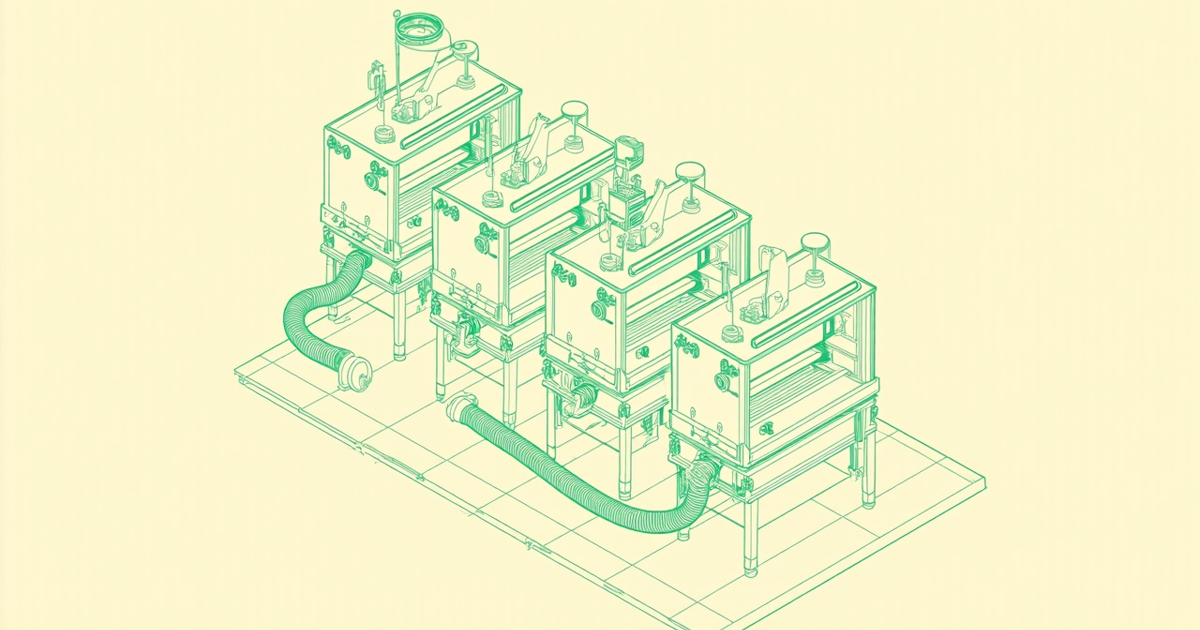 An isometric row of four open inspection machines on raised legs, connected by a corrugated air hose running along a tiled factory floor.