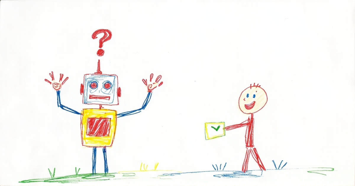 Crayon drawing of a round red-and-yellow robot shrugging with both hands up under a big question mark, beside a stick figure holding up one small card with a green checkmark.