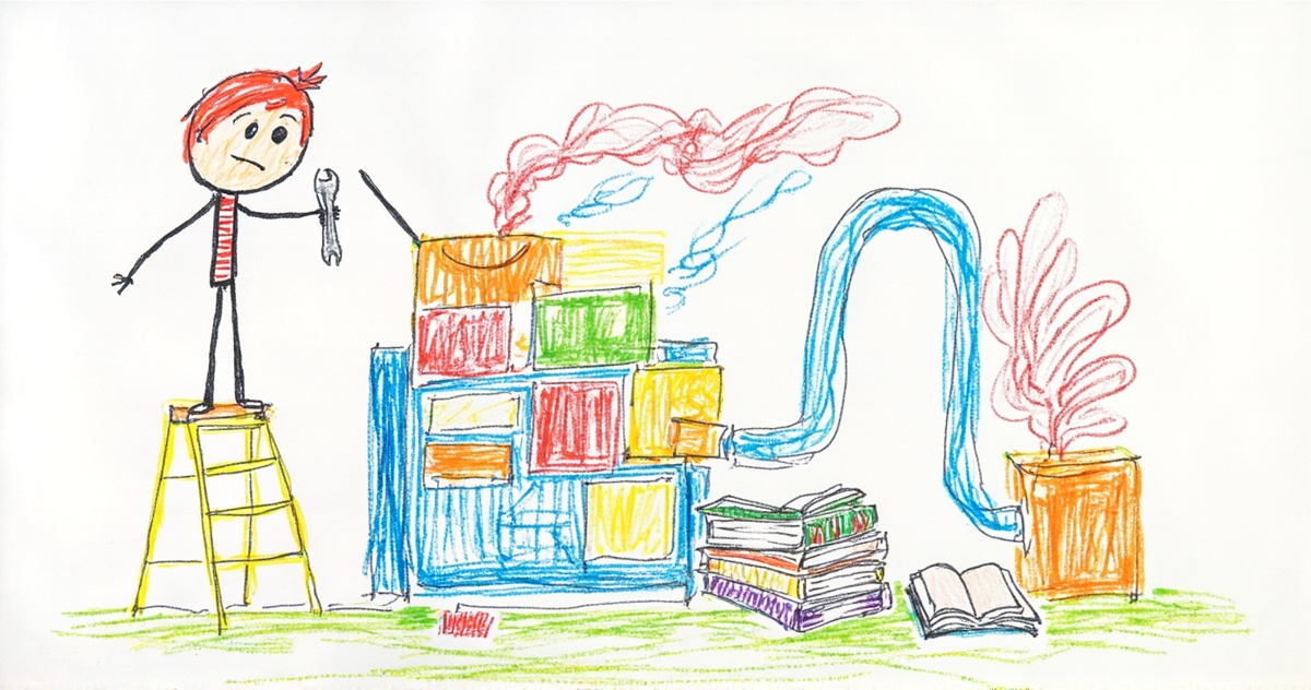 Crayon drawing of a tired stick figure holding a wrench on a yellow ladder next to a smoking machine made of colorful boxes and pipes, with notebooks on the floor.