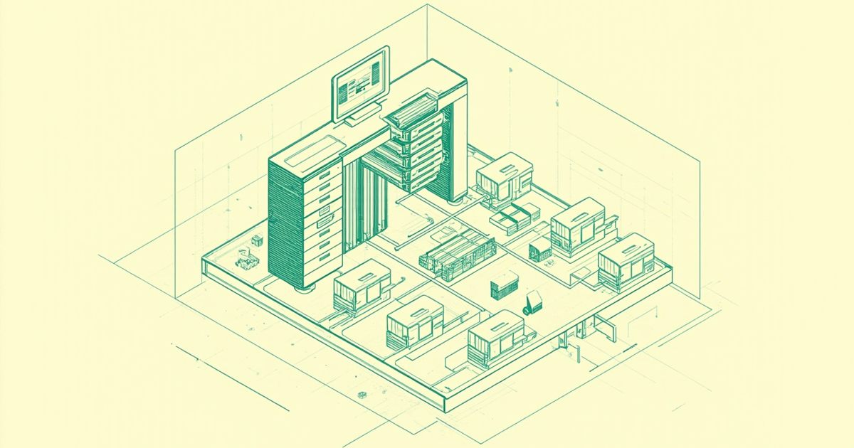 Isometric green line schematic of a central filing-cabinet console with a monitor, connected by conduits to small buildings arranged across a gridded map floor