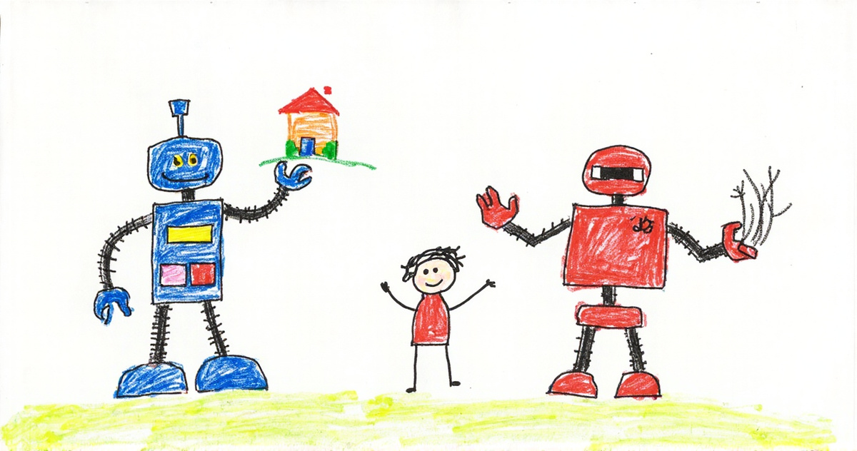 Crayon drawing of a tall blue stick-figure robot holding up a tidy drawing of a house, a short red robot holding a black scribble, and a child in the middle pointing at the blue robot.