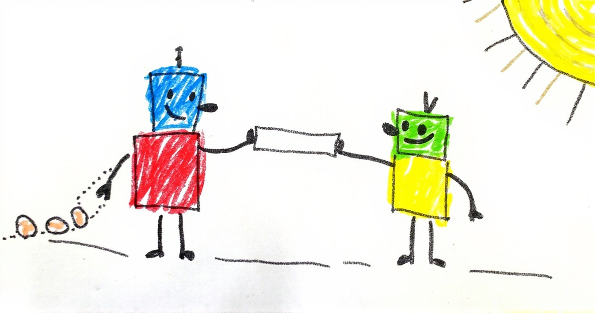 Crayon drawing of a blue-and-red stick-figure robot handing a folded paper note to a green-and-yellow robot, with footprints behind the first robot and a sun in the corner.