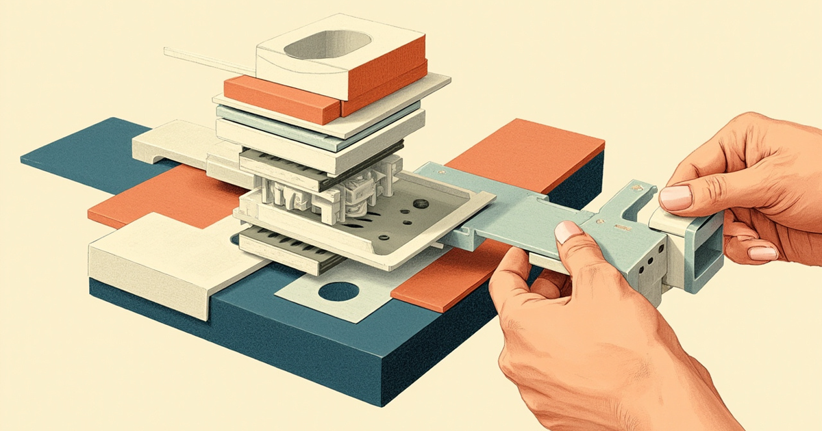Two hands fit a metal bracket into a layered modular mechanism mounted on a geometric base.