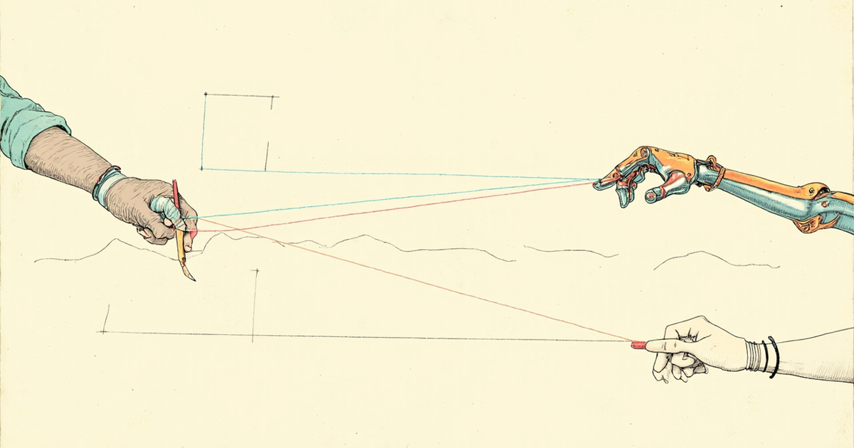 Two human hands with drawing tools and a robotic hand work across a shared sketch, connected by teal and terracotta lines.