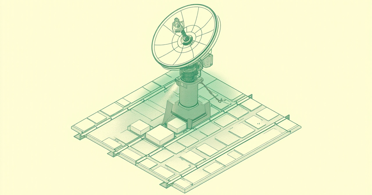 An isometric radar dish on a pedestal sweeping a beam across a gridded city-block floor, highlighting a single building among many identical blocks.