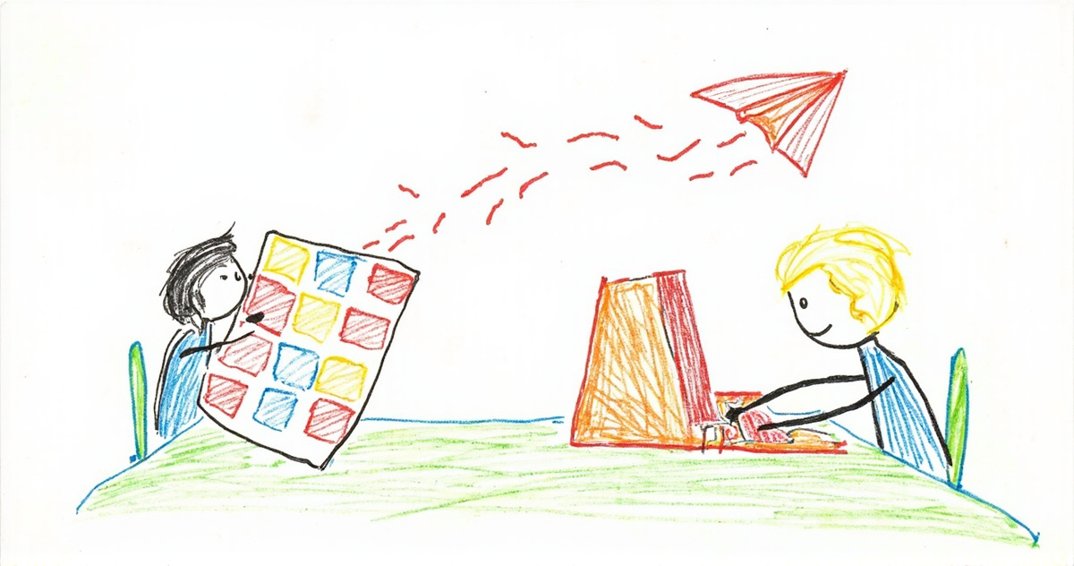 Crayon drawing of two stick figures at one table, the left one holding up a colorful chart and the right one typing at a boxy computer, with a red paper airplane flying between them.