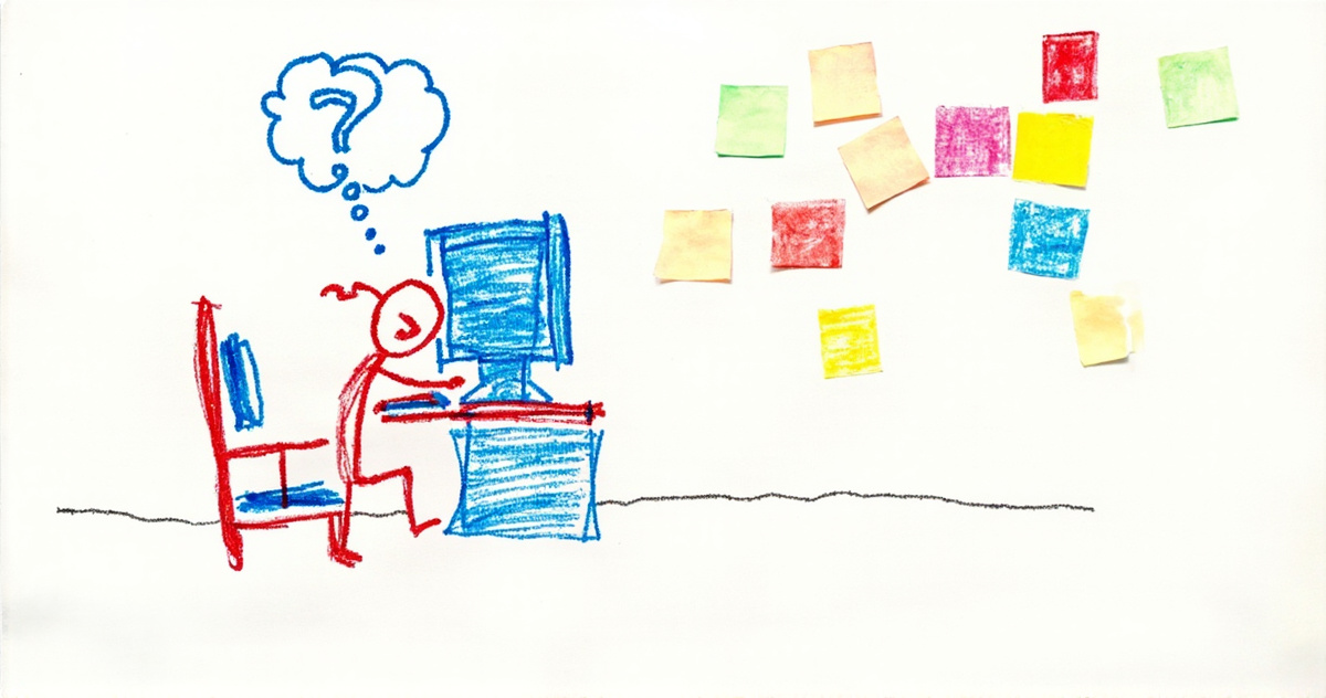 Crayon drawing of a stick figure typing at a big blue boxy computer with a question-mark thought cloud above it, next to a wall covered in colorful sticky notes.