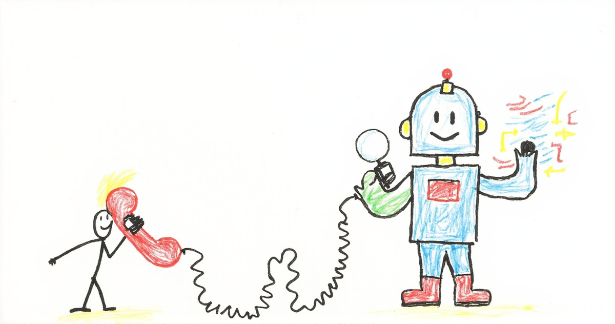 Crayon drawing of a stick figure talking into a big red old-fashioned telephone, its curly cord stretching to a round blue robot holding a magnifying glass and a stack of papers.