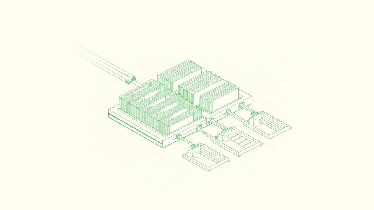 Isometric deep-green line schematic of a six-bay sorting console fed by one intake conduit, routing stacks of cards out to three receiving trays