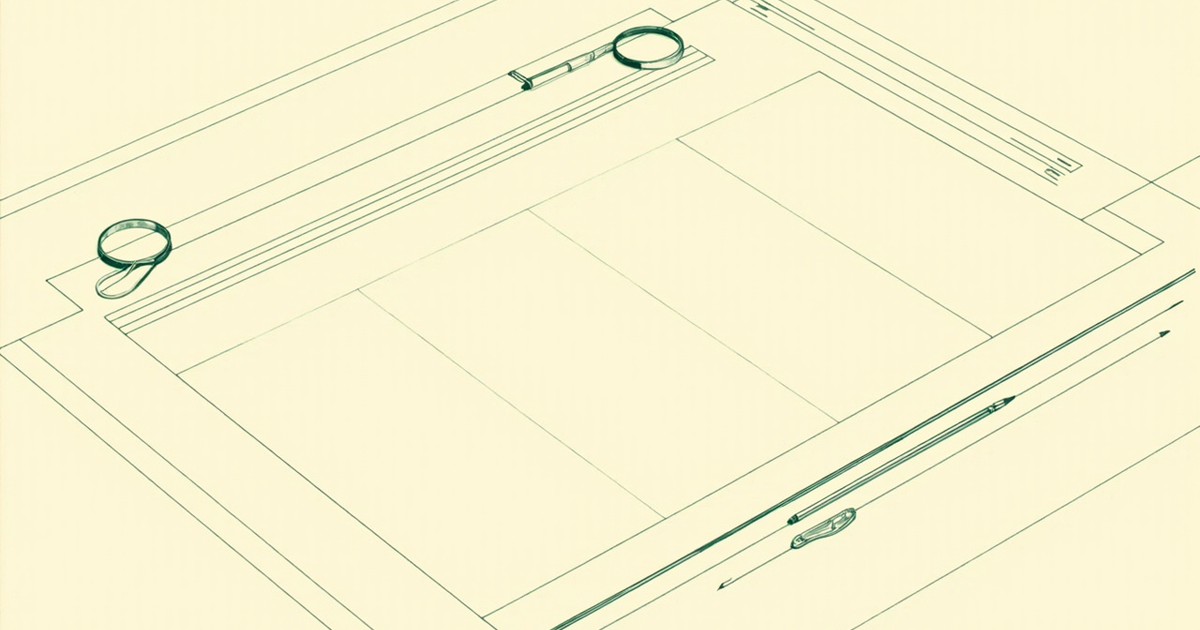 An isometric blueprint of a blank lender document laid on a drafting table, sectioned into four fields, with a magnifying glass, pen, and compass beside it.