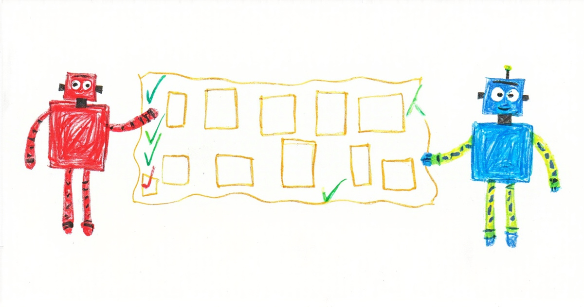 Crayon drawing of a red stick-figure robot and a blue stick-figure robot each holding one end of a long paper checklist, with several boxes ticked in green.