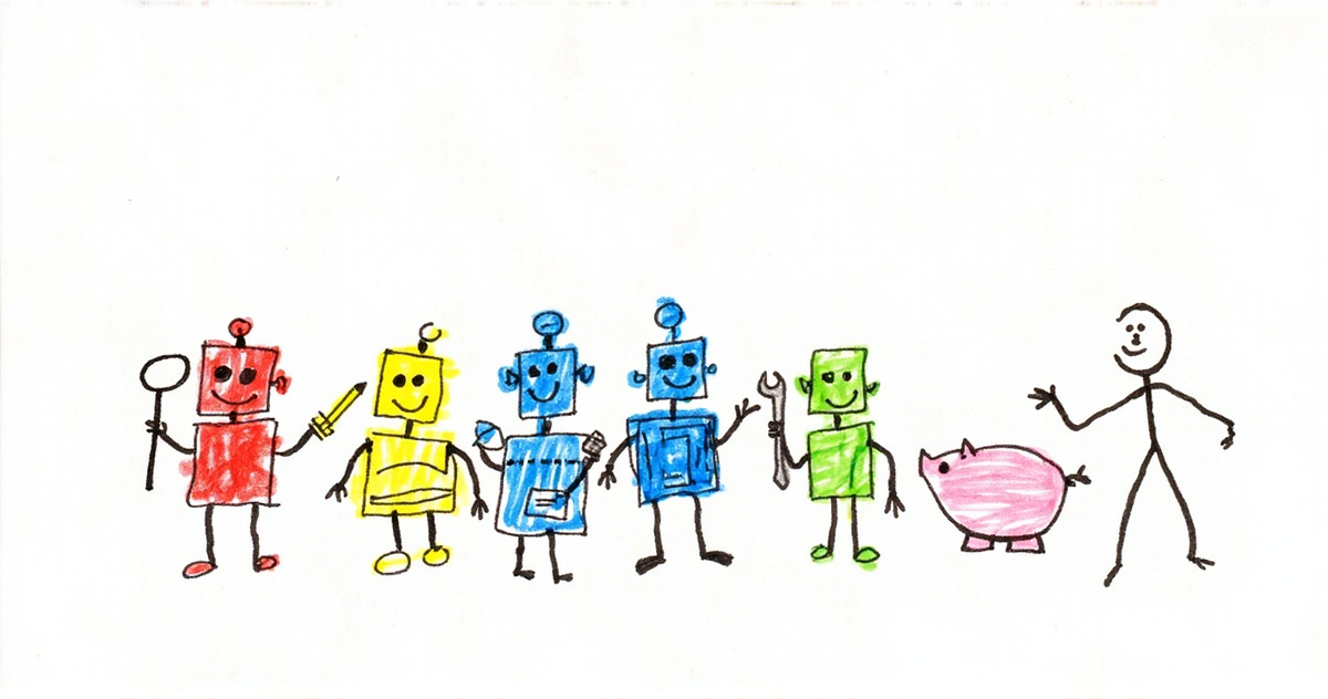Crayon drawing of five small colorful robots in a row, each holding one object: a magnifying glass, a pencil, a notepad, a wrench and a piggy bank, with a stick figure waving at them.