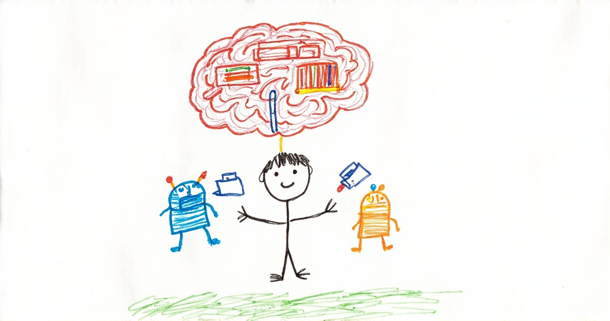 Crayon drawing of a stick figure with a big red brain floating above its head full of tiny bookshelves and folders, and two small robots on either side reaching up to take a folder.